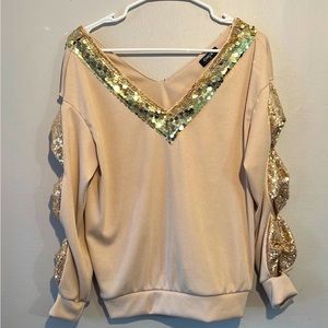 Sequin V Neck Cut out Sleeve Sweater